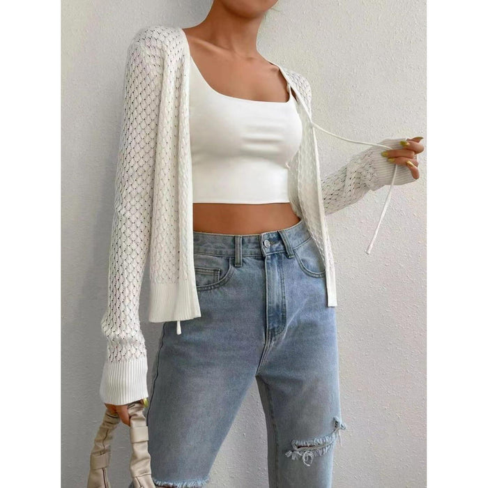 Tied Openwork V-Neck Long Sleeve Cardigan