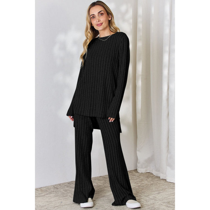 Basic Bae Ribbed High-Low Top and Wide Leg Pants Set