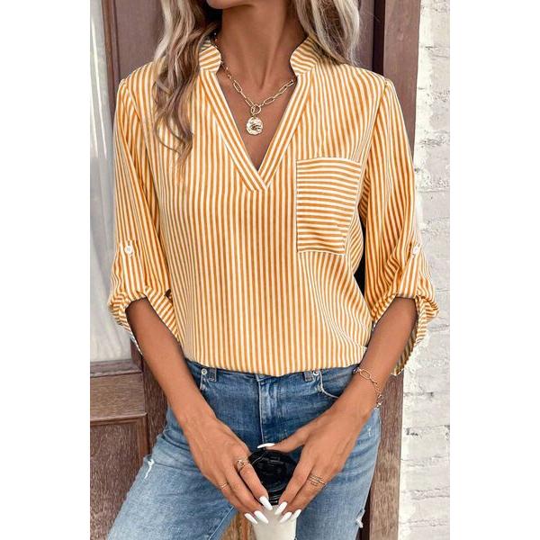 Striped Notched Roll-Tab Sleeve Shirt