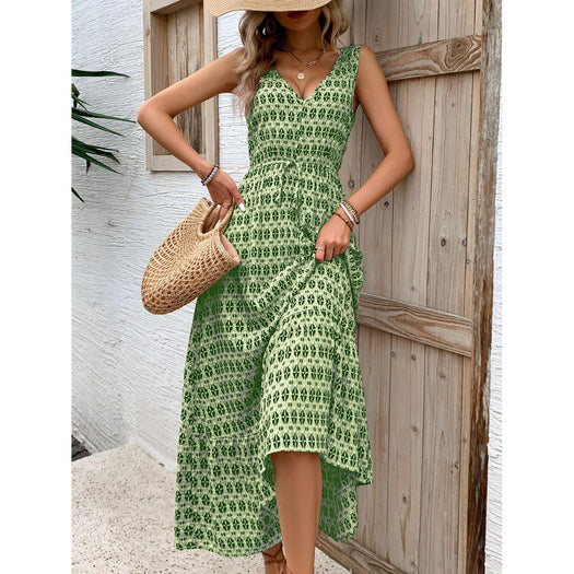 Printed V-Neck Tie Waist Midi Dress