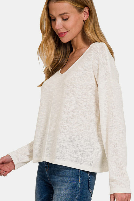 Zenana V-Neck Dropped Shoulder Long Sleeve T-Shirt