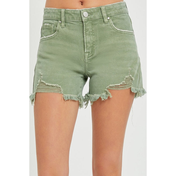 RISEN Mid Waist Frayed Hem Denim Shorts