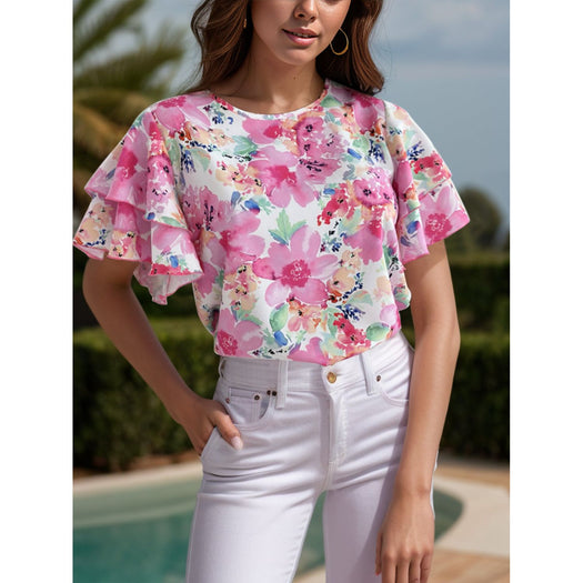 Floral Round Neck Flutter Sleeve Blouse