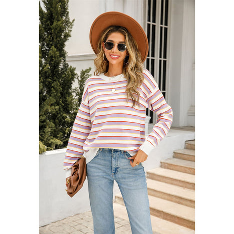 Striped Round Neck Dropped Shoulder Knit Top