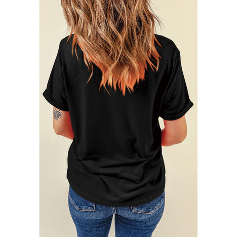 Stars and Stripes Heart Round Neck Short Sleeve T-Shirt in Black