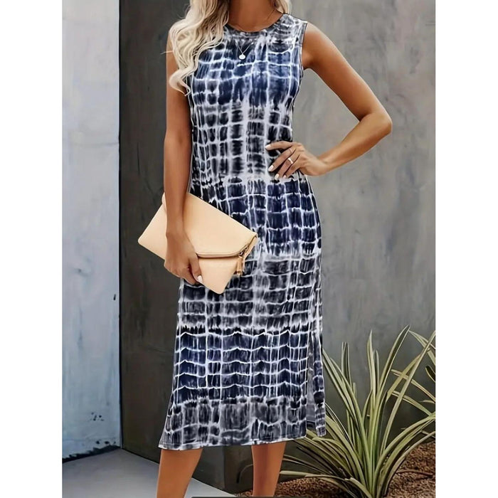 Slit Printed Round Neck Sleeveless Dress