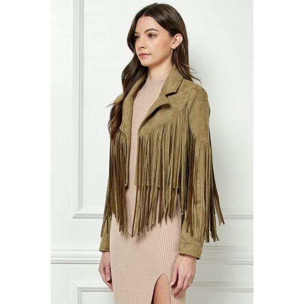 Veveret Suede Fringe Long Sleeve Moto Jacket