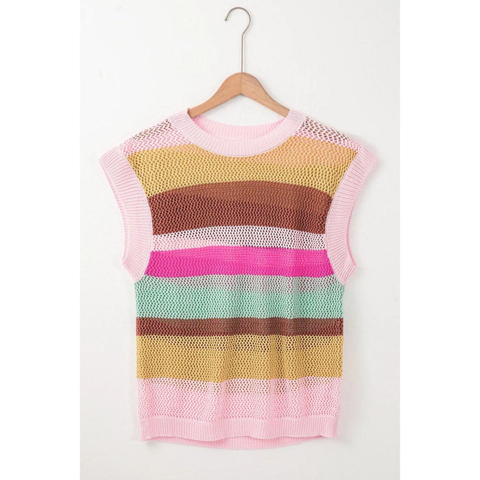 Color Block Round Neck Cap Sleeve Knit Top