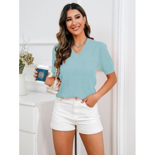 V-Neck Short Sleeve Knit Top