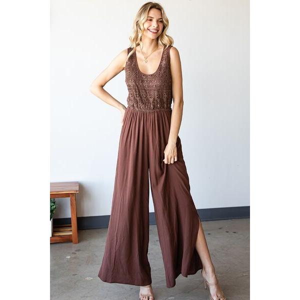 First Love Tie Back Sleeveless Slit Wide Leg Jumpsuit