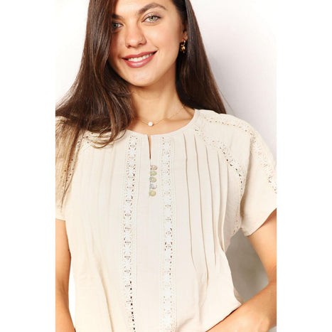 Double Take Crochet Buttoned Short Sleeves Top