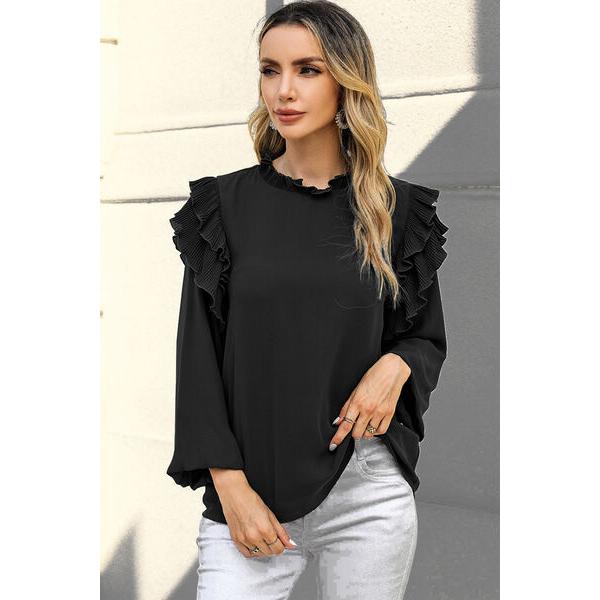 Ruffled Round Neck Long Sleeve Blouse