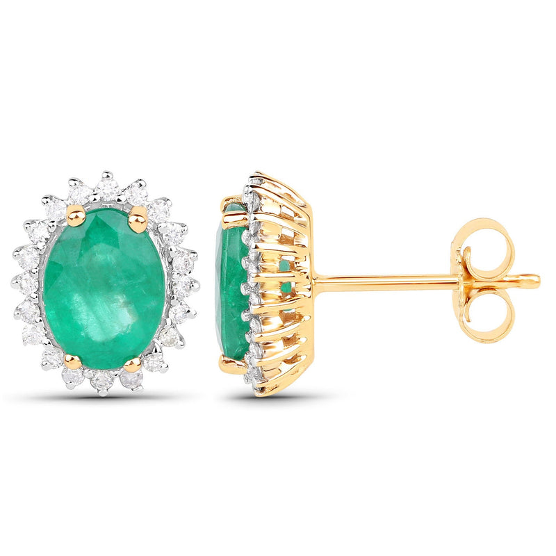 Bids.com 2.66 Carat Genuine Zambian Emerald and White Diamond 14K Yellow Gold Earrings Earrings