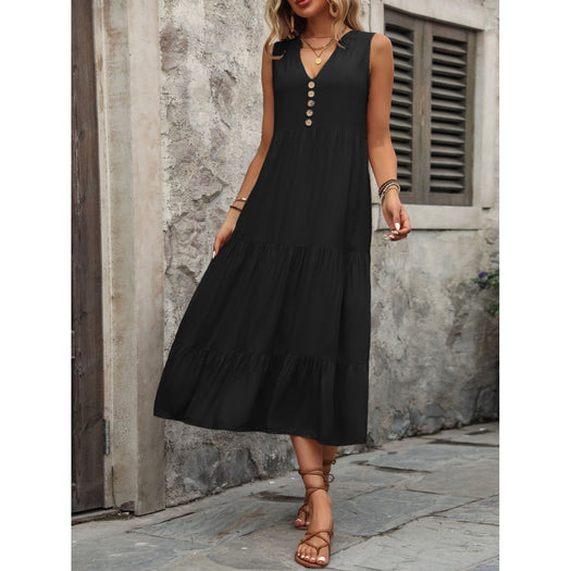 Decorative Button Notched Sleeveless Dress