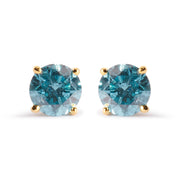 Bids.com 14K Yellow Gold 1.0 Cttw Treated Aqua Blue Diamond Classic Solitaire Stud Earrings (Aqua Blue Color, I2-I3 Clarity) Earrings