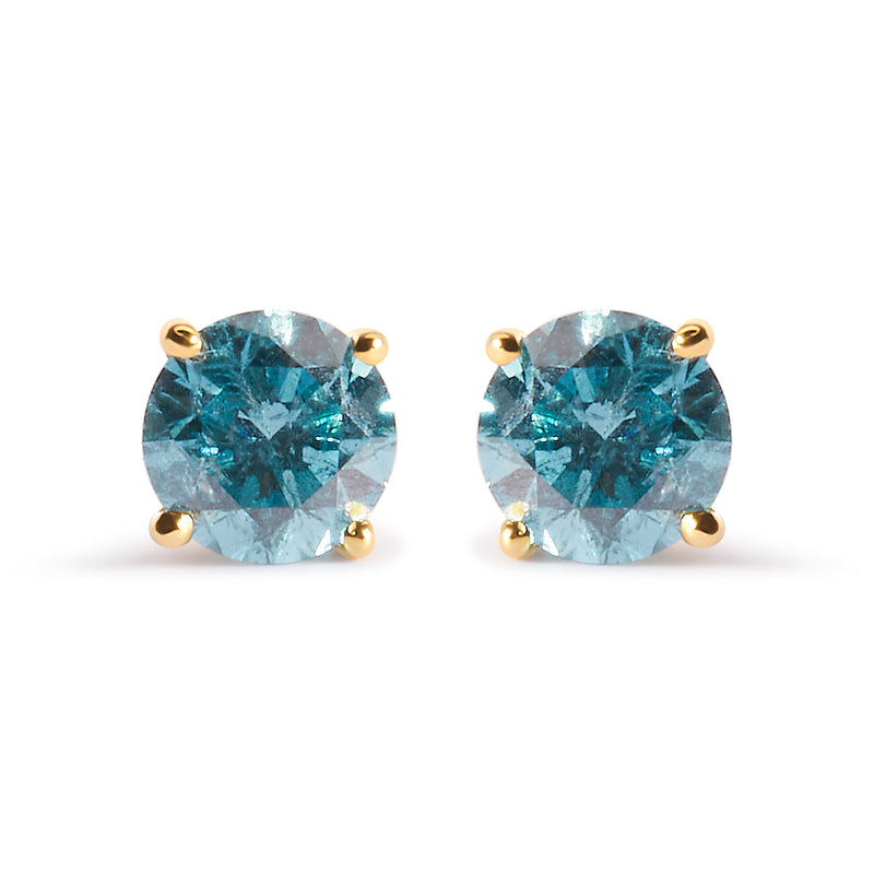 Bids.com 14K Yellow Gold 1.0 Cttw Treated Aqua Blue Diamond Classic Solitaire Stud Earrings (Aqua Blue Color, I2-I3 Clarity) Earrings