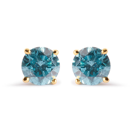 Bids.com 14K Yellow Gold 1.0 Cttw Treated Aqua Blue Diamond Classic Solitaire Stud Earrings (Aqua Blue Color, I2-I3 Clarity) Earrings
