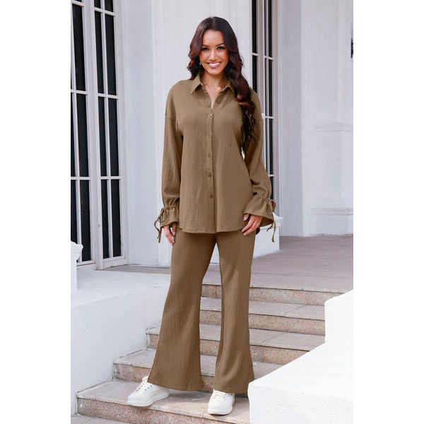 Drawstring Flounce Sleeve Shirt and Pants Set