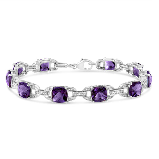 Bids.com .925 Sterling Silver 7mm Cushion Cut Amethyst Gemstone and Diamond Tennis Link Bracelet (I-J Color, I1-I2 Clarity) - Size 7" Bracelets
