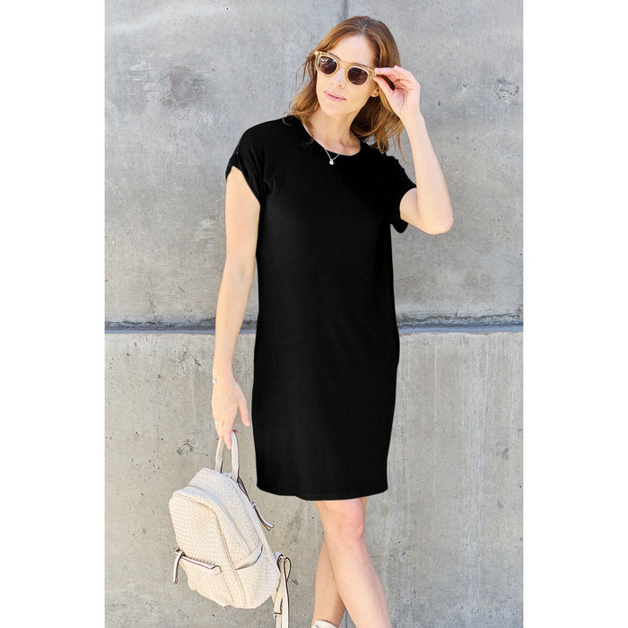 Bamboo Round Neck Short Sleeve Dress with Pockets