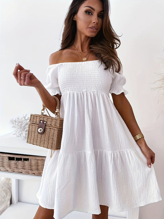 Ruched Ruffled Off-Shoulder Short Sleeve Dress