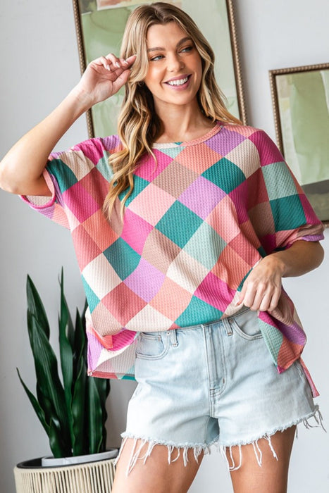 HOPELY Multi Colored Argyle Side Slit T-Shirt