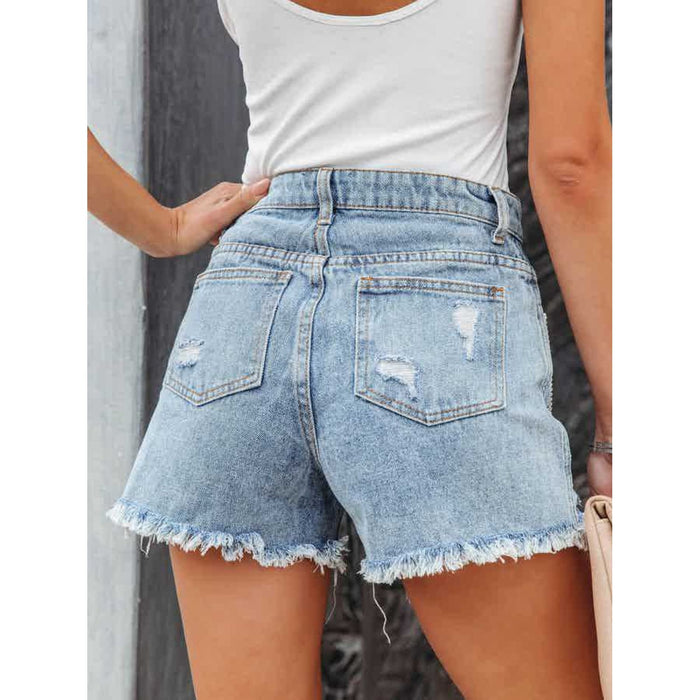 Distressed Fringe Denim Shorts with Pockets