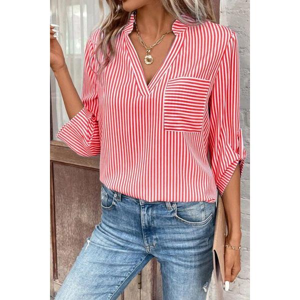 Striped Notched Roll-Tab Sleeve Shirt