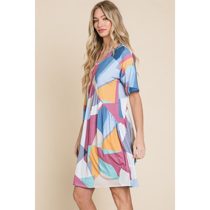 BOMBOM Ruched Color Block Short Sleeve Dress