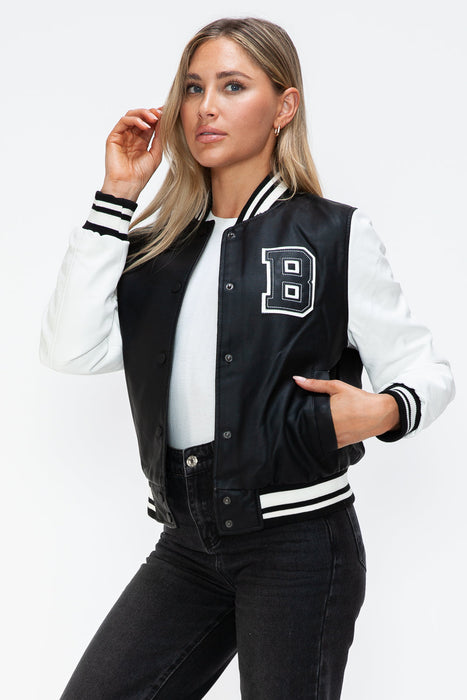 PU Leather Contrast Snap Down Bomber Jacket