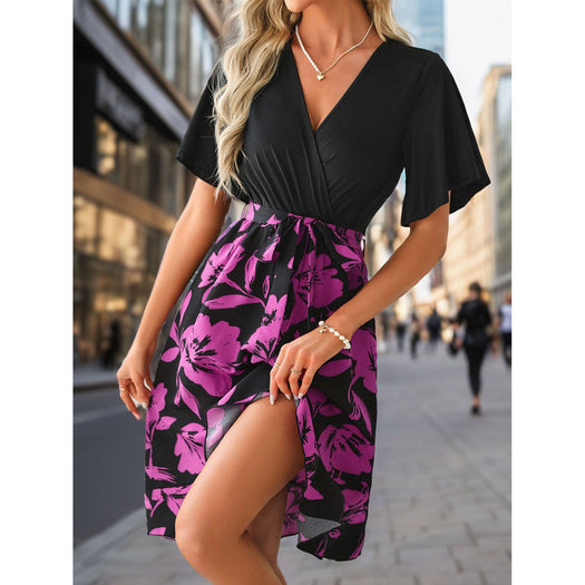 Tied Printed Surplice Short Sleeve Dress