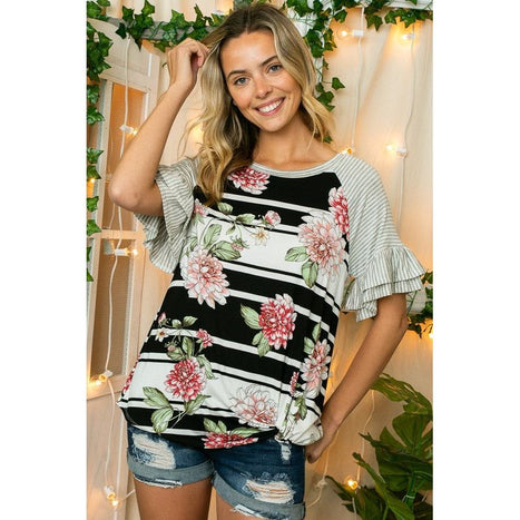 Plus Floral Stripe Ruffle Sleeve Top