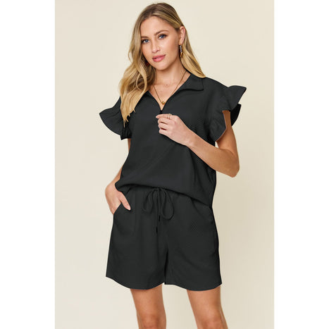 Texture Flounce Sleeve Top and Drawstring Shorts Set