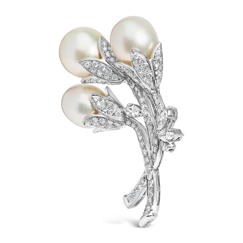 Bids.com 18K White Gold 2 1/5 Cttw Diamond and South Sea Pearl Floral Brooch Pin (G-H Color, VS1-VS2 Clarity) Accessories