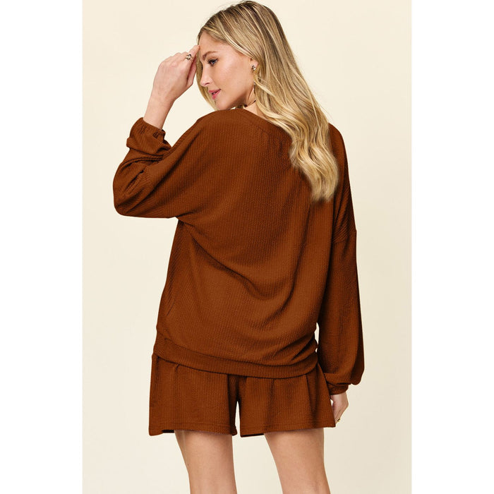 Texture V-Neck Long Sleeve T-Shirt and Shorts Set