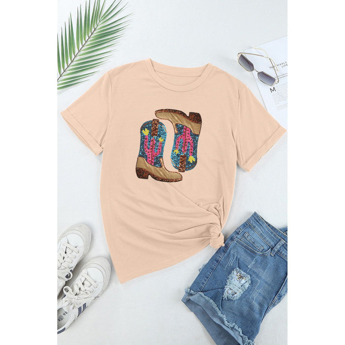 Sequin Round Neck Short Sleeve T-Shirt