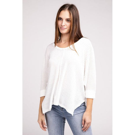 3/4 Sleeve V-Neck Hi-Low Hem Jacquard Sweater