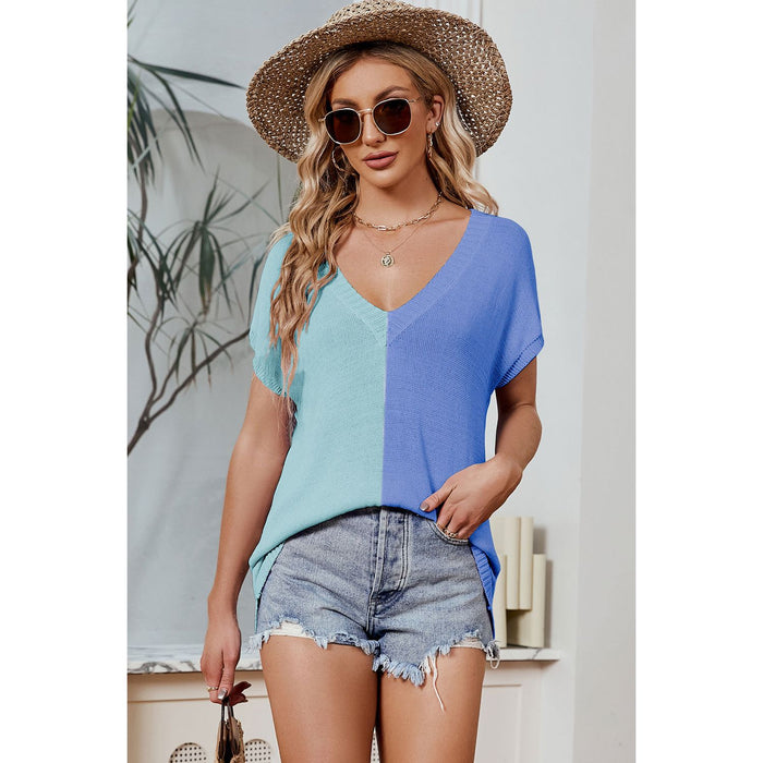 Color Block V-Neck Short Sleeve Knit Top