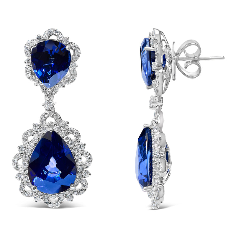 Bids.com 18K White Gold Blue Sapphire and Diamond 2.00 Cttw Diamond Halo Drop and Dangle Earring (G-H Color, SI1-SI2 Clarity) Earrings