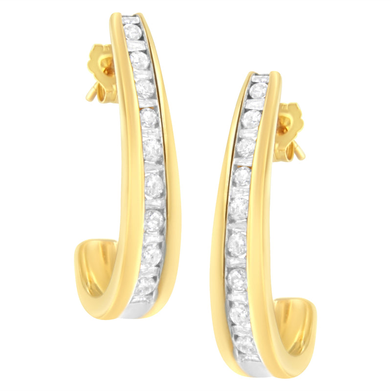 Bids.com 10K Yellow Gold 1 cttw Channel Set Diamond J-Hoop Earrings (H-I Clarity, I1-I2 Color) Earrings