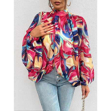 Women's Tie Dye Print Lantern Sleeve High Necktie Lace-Up Blouse H8ZF4E3SRL