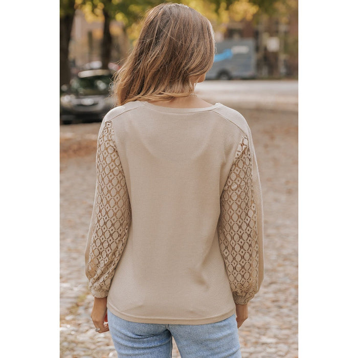 Waffle-Knit Round Neck Long Sleeve Blouse