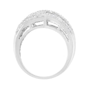 Bids.com .925 Sterling Silver 1.0 Cttw Channel Set Alternating Round and Baguette Diamond Cross-over Bypass Ring Band (I-J Color, I2-I3 Clarity) - Size 7 Rings