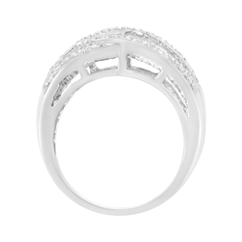 Bids.com .925 Sterling Silver 1.0 Cttw Channel Set Alternating Round and Baguette Diamond Cross-over Bypass Ring Band (I-J Color, I2-I3 Clarity) - Size 7 Rings