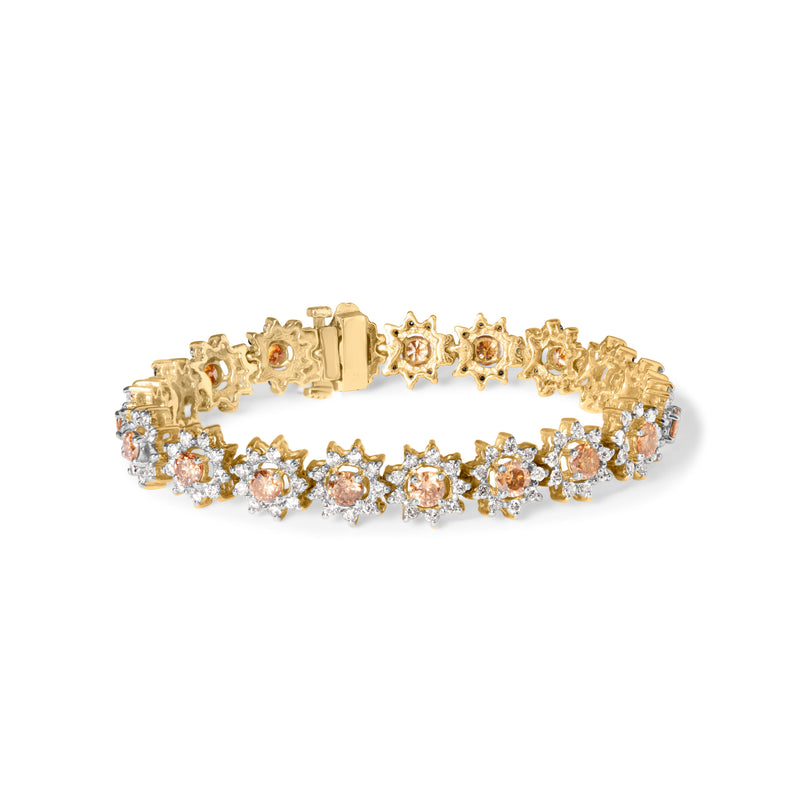 Bids.com 14K Yellow Gold 8.00 Cttw Champagne Diamond Floral Cluster Halo Link Bracelet (H-I Color, I1-I2 Clarity) Bracelets