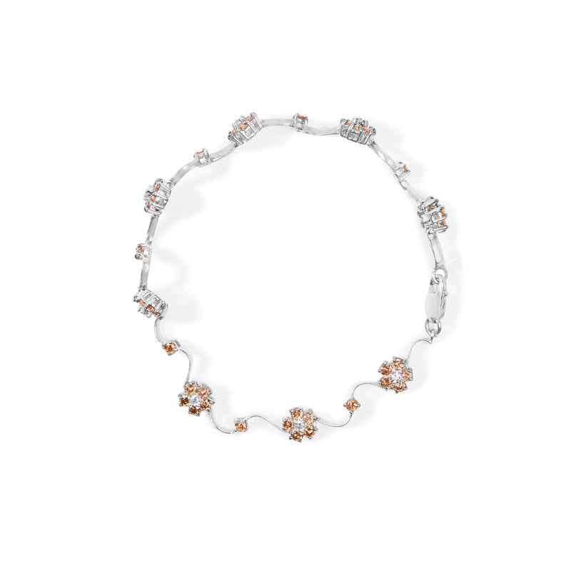 Bids.com 10K White Gold 4.0 Cttw Champagne and White Diamond Floral Cluster and Station Link Bracelet (H-I Color, SI2-I1 Clarity) - 7" Inches Bracelets
