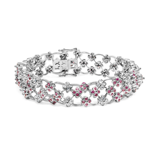Bids.com 14K White Gold Pink Sapphire and Diamond Floral Lattice Link Bracelet - 7.25" Inches Bracelets