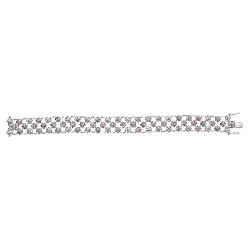 Bids.com 14K White Gold Pink Sapphire and Diamond Floral Lattice Link Bracelet - 7.25" Inches Bracelets