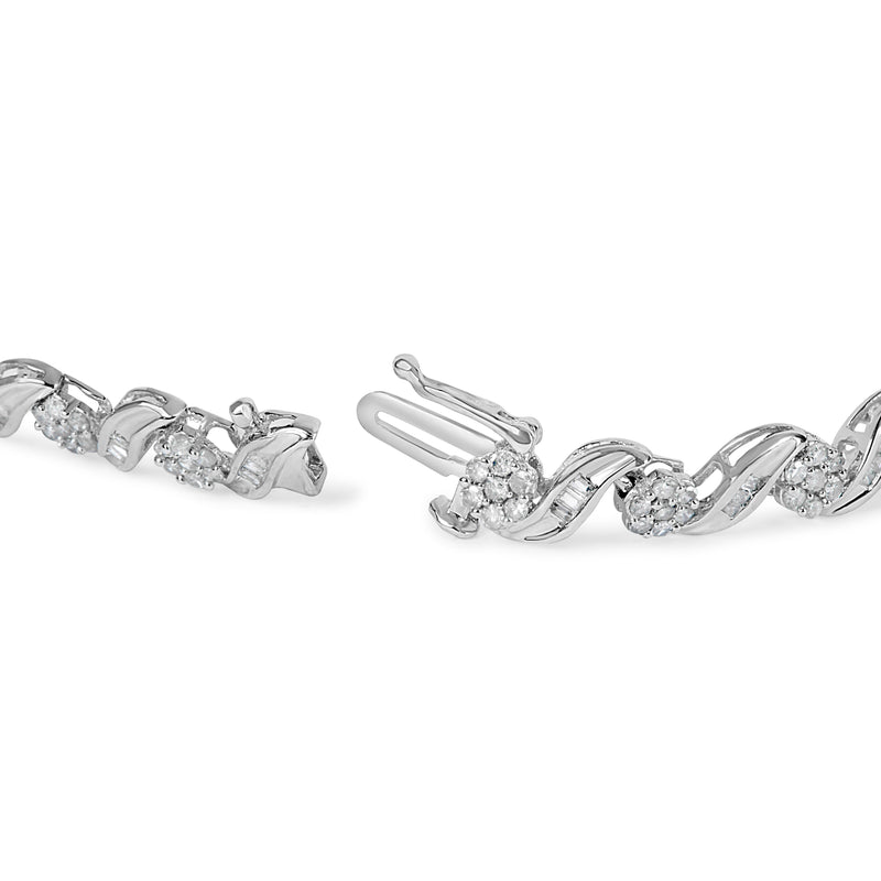 Bids.com 10K White Gold 2.00 Cttw Round-Cut and Baguette-Cut Diamond Floral Design Swirl Link 7" Bracelet (I-J Color, I1-I2 Clarity) Bracelets