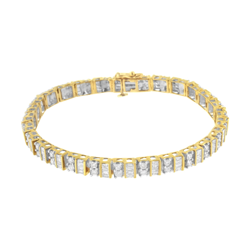 Bids.com 10K Yellow Gold 4.0 Cttw Alternating Baguette & Round Cut Diamond Bezel- & Prong-Set 7" Tennis Bracelet (G-H Color, SI1-SI2 Clarity) Bracelets